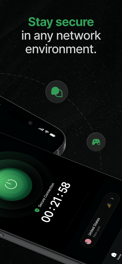 Star VPN interface showing a secure connection to a New York server with the text stay secure in any network environment