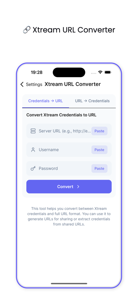 Drama Live - Un écran montrant l'outil Xtream URL Converter dans l'application Drama Live avec des champs pour l'URL du serveur, le nom d'utilisateur et le mot de passe.