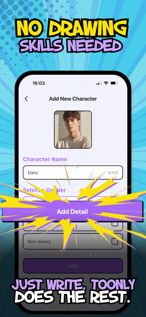 Interface for creating a new comic character in the Toonly AI app