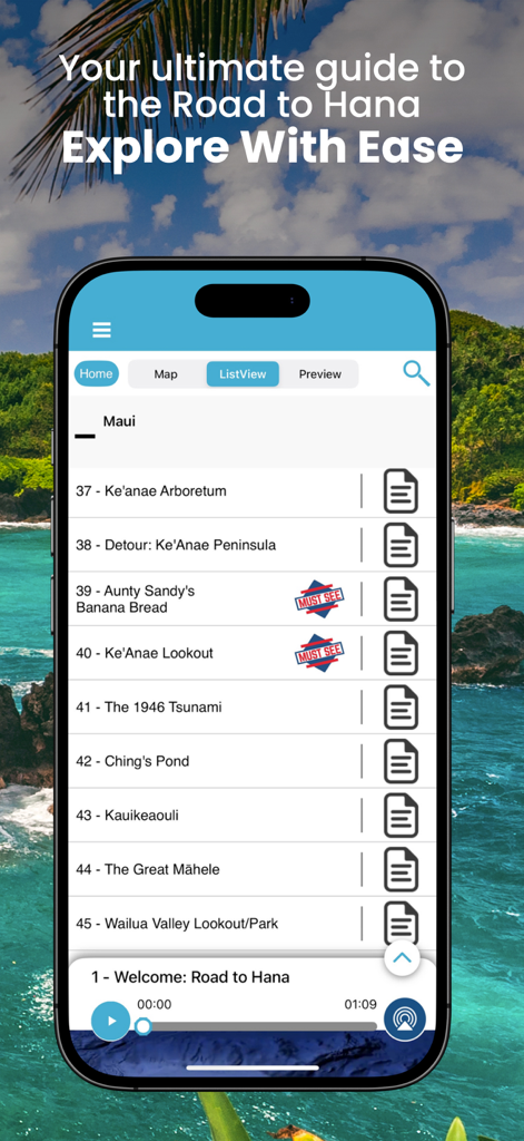 Road to Hana: Maui Audio Tours - Smartphone screen showing a list of tour stops on the Road to Hana Maui audio tour app including points of interest like Keanae Arboretum and Aunty Sandys Banana Bread.