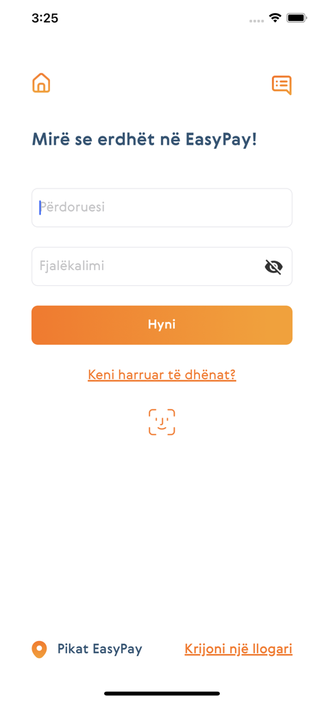 EasyPay Albania - EasyPay Albaniaモバイルアプリのログイン画面。ユーザー名とパスワードフィールドがアルバニア語で表示され、オレンジ色のログインボタンがあります。