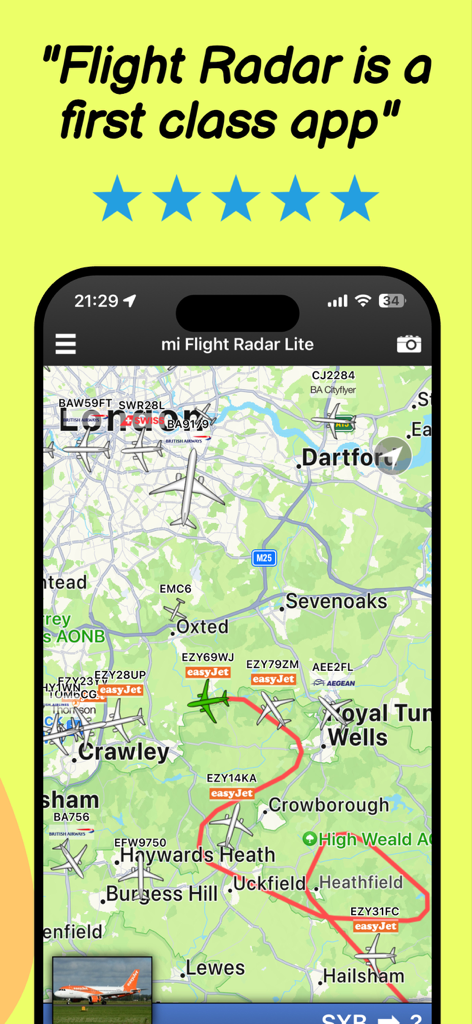 Flight Radar Pro Plane Tracker - Mi Flight Radar app interface showing a live flight tracking map and a five star user rating
