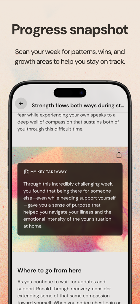 Weekly progress snapshot screen in the Ash AI app showing personal growth insights and key takeaways