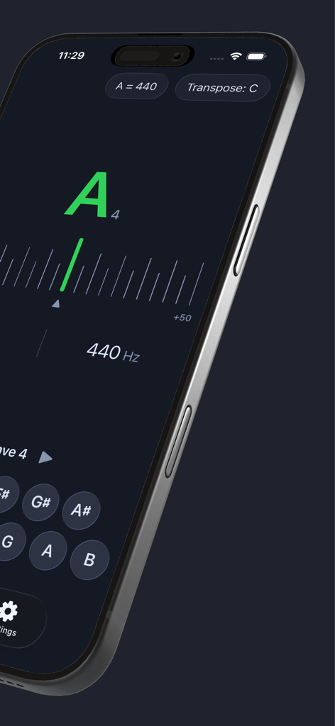 AudioPitch Tuner - Interfaz de la aplicación Afinador AudioPitch mostrando una nota La verde perfectamente afinada a 440Hz