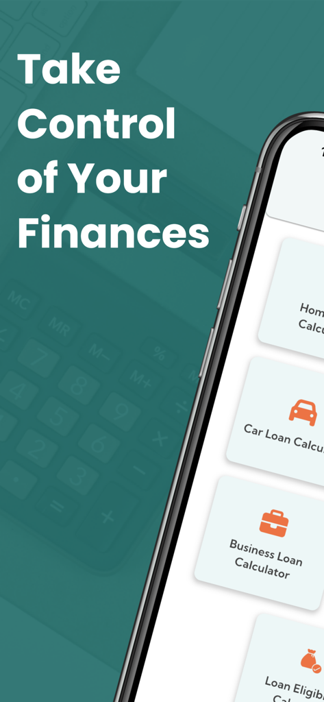 LoanQuantum - Interfaz de la aplicación LoanQuantum que muestra opciones de calculadora de préstamos para hogar, automóvil y negocios