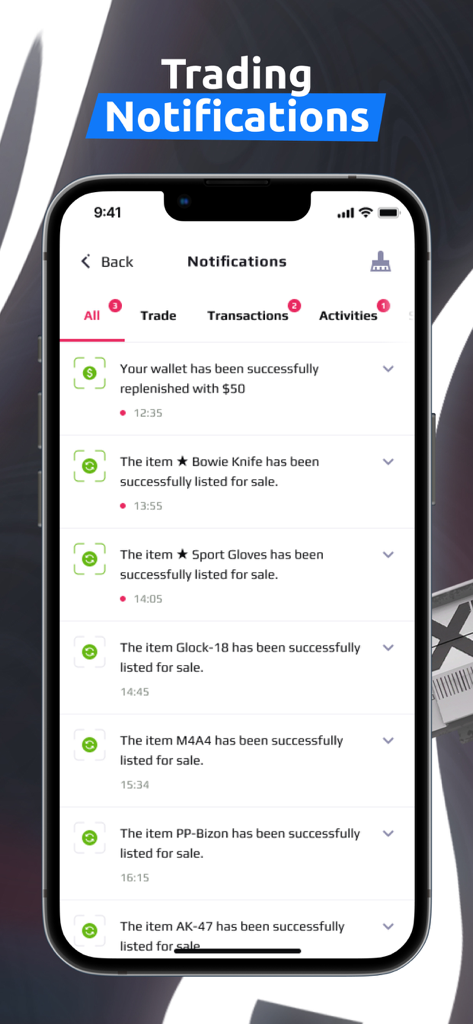 Mobile App-Bildschirm, der Handelsbenachrichtigungen für CS2 Skin-Angebote und Wallet-Transaktionen anzeigt.