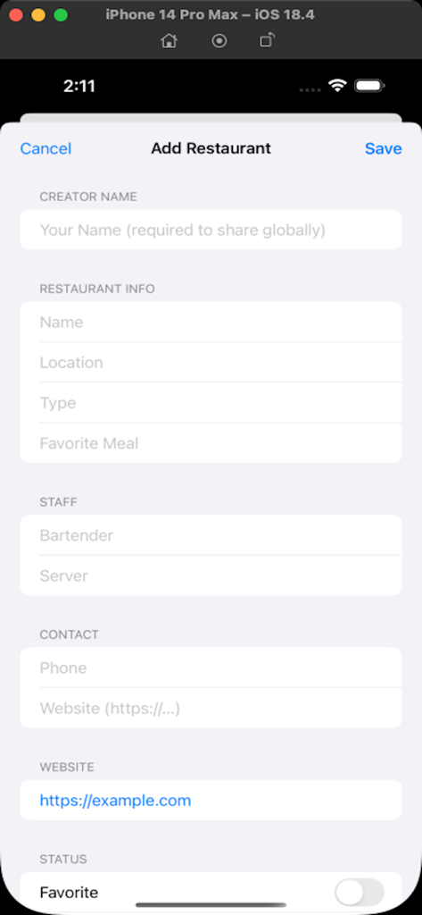 Restaurant Review Diary - The Add Restaurant screen showing fields for name, location, favorite meal, and specific staff names like bartender and server.