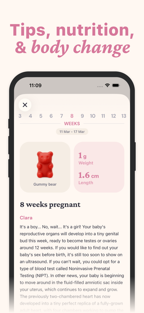 Baby Lua app screen showing 8 weeks pregnant milestone with baby size compared to a gummy bear and development tips.