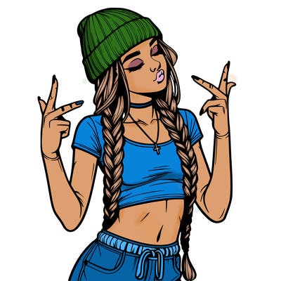 realistic teenage girl with braids and a beanie and crop top doing 🫶🏼