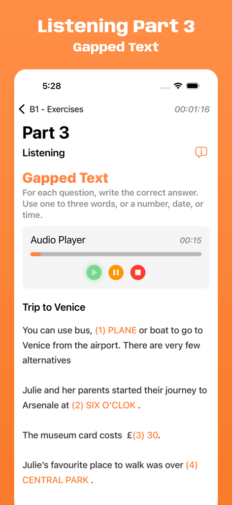 Interfaccia del Simulatore Esame Cambridge B1 che mostra un esercizio di testo con lacune, Parte 3 di ascolto.