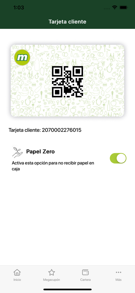 Tarjeta de fidelización digital con código QR y opción sin papel en la app masymas