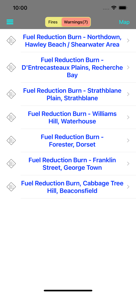A list of fuel reduction burns and fire alerts in the TAS Fires mobile application