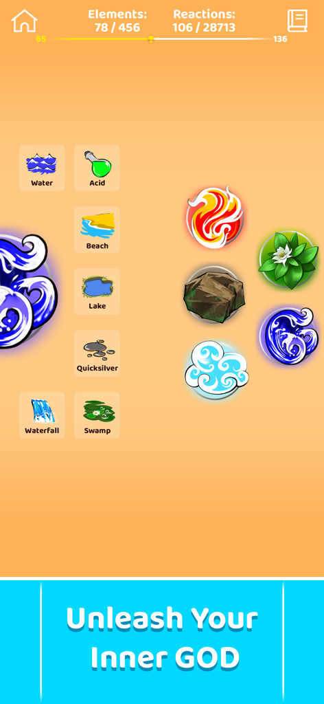 Doodle God: Alchemy Craft DIY - Captura de pantalla del juego Doodle God mostrando combinaciones de elementos y el lema Libera a tu DIOS interior.