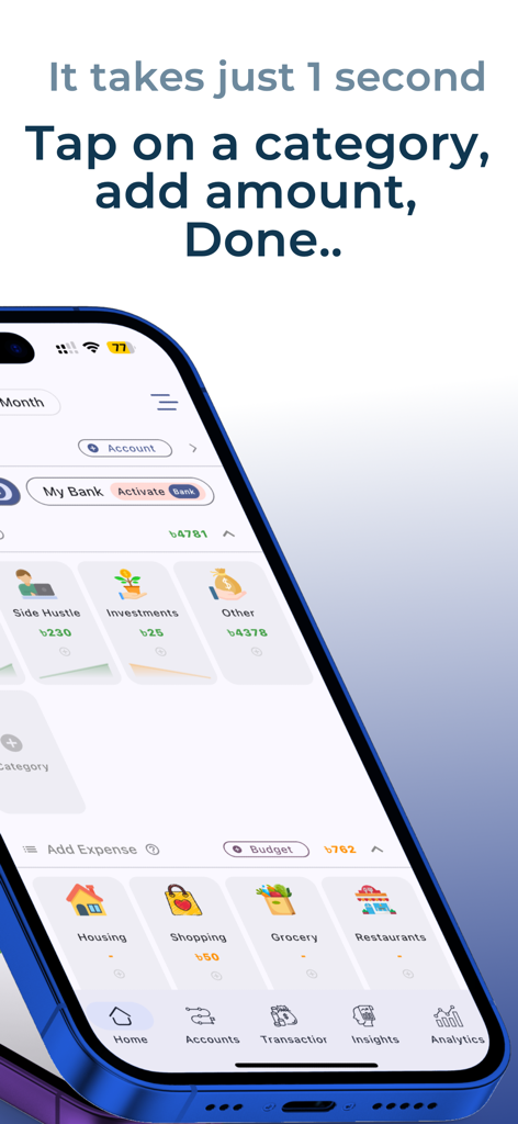 Interface móvel do Expense Track mostrando registro rápido de despesas por categoria.