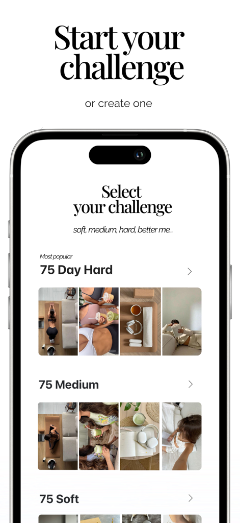 Her 75 - Her 75アプリのスクリーンで、75 Day Hard、75 Medium、75 Softなどの様々なフィットネスチャレンジオプションが、美しいライフスタイル画像とともに表示されています。