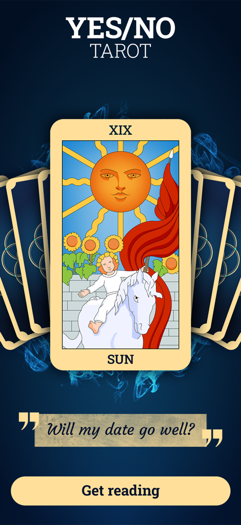Yes or No Tarot feature showing The Sun card and a dating question