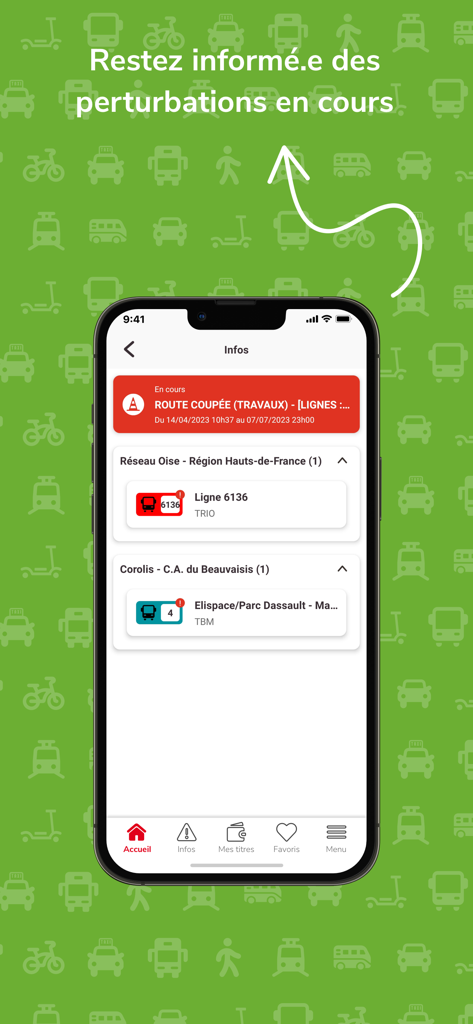 Pantalla móvil mostrando alertas de tráfico en tiempo real e interrupciones de rutas de autobús en la app Oise Mobilite