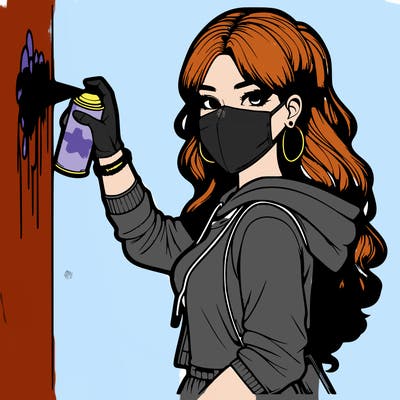 realistic girl with mask spray painting a wall