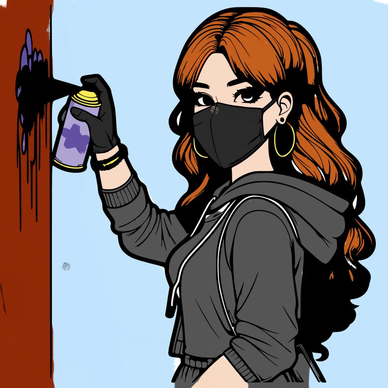 realistic girl with mask spray painting a wall