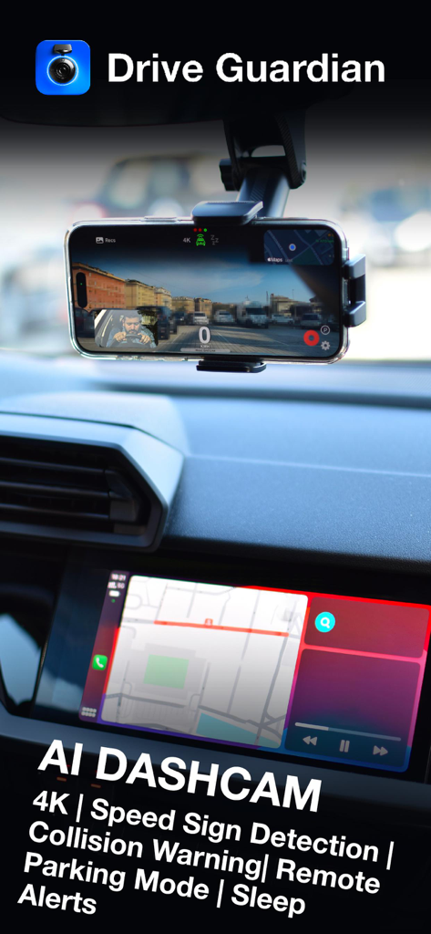 Dash Cam | Drive Guardian AI - iPhone mounted on a car dashboard running the Drive Guardian AI dash cam app with CarPlay integration