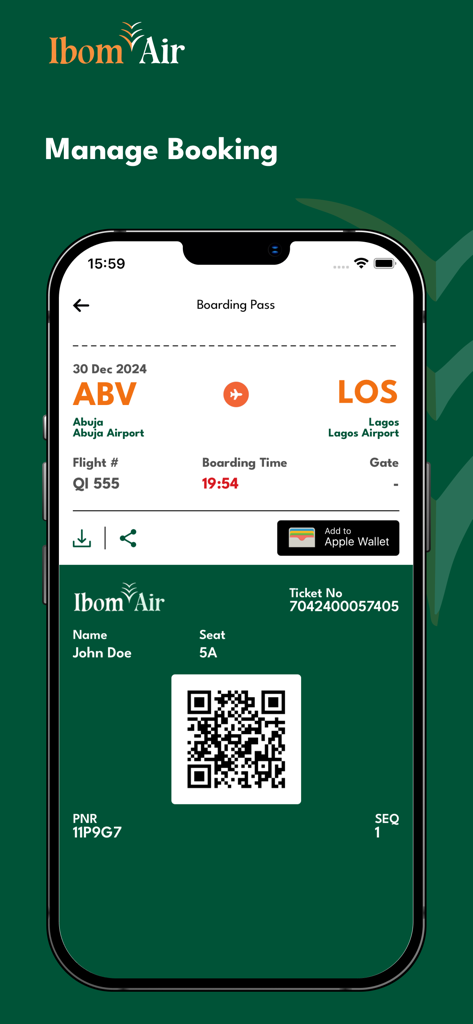 Schermata dell'app mobile Ibom Air che mostra una carta d'imbarco digitale con dettagli del volo e codice QR