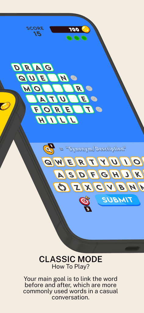Classic mode gameplay of the Word Chain Reaction word puzzle app