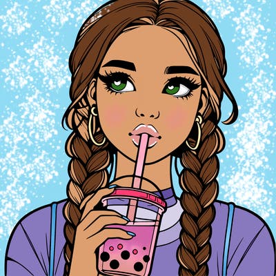 realistic girl with braided hair drinking boba