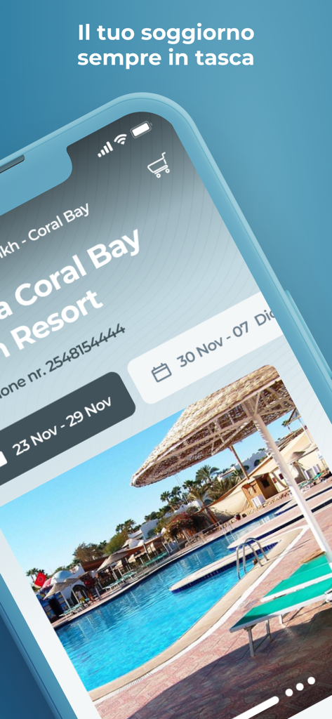 Smartphone screen displaying the my Alpitour World app with a resort pool and travel dates