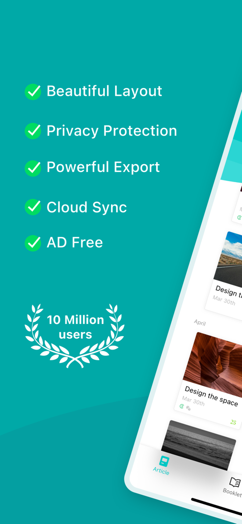 Zine - Enjoy Writing - Elenco delle funzionalità dell'app di scrittura Zine che mostra splendidi layout, protezione della privacy, sincronizzazione cloud e oltre 10 milioni di utenti.