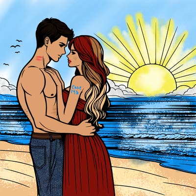 realistic woman and man at sunset on beach romantic