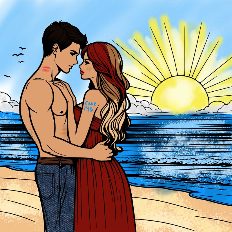 realistic woman and man at sunset on beach romantic