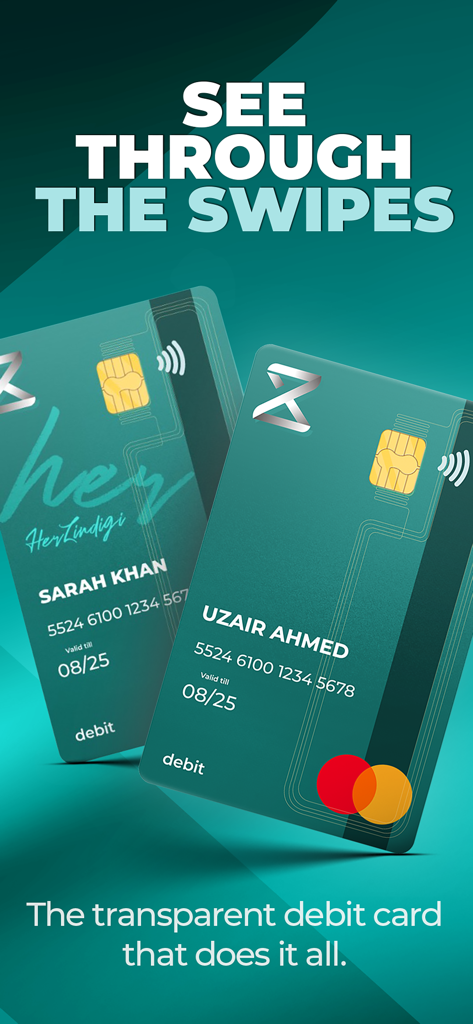 Zindigi - All in One Finance - Two translucent teal Zindigi debit cards showing the modern see-through design.
