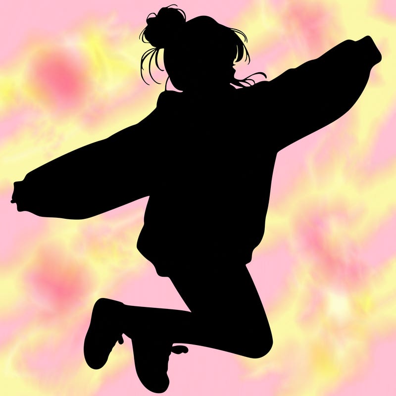 realistic girl jumping with a bun and oversized sweatshirt