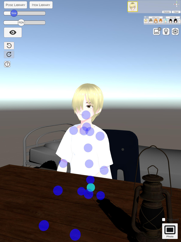 FastPoseVRM - Personaje de anime 3D siendo posado con marcadores de articulación azules en la interfaz de la aplicación FastPoseVRM