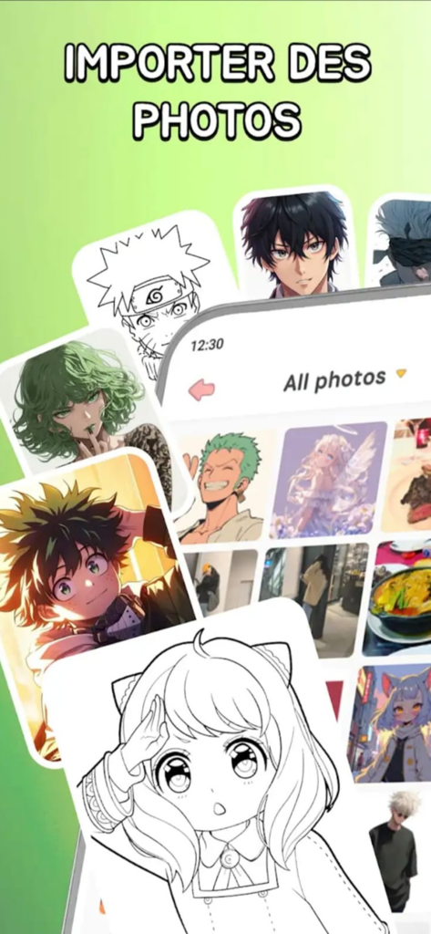 Draw Anime - AR Tracing - Una interfaz móvil que muestra una galería de personajes de anime y la opción de importar fotos personales para dibujar.