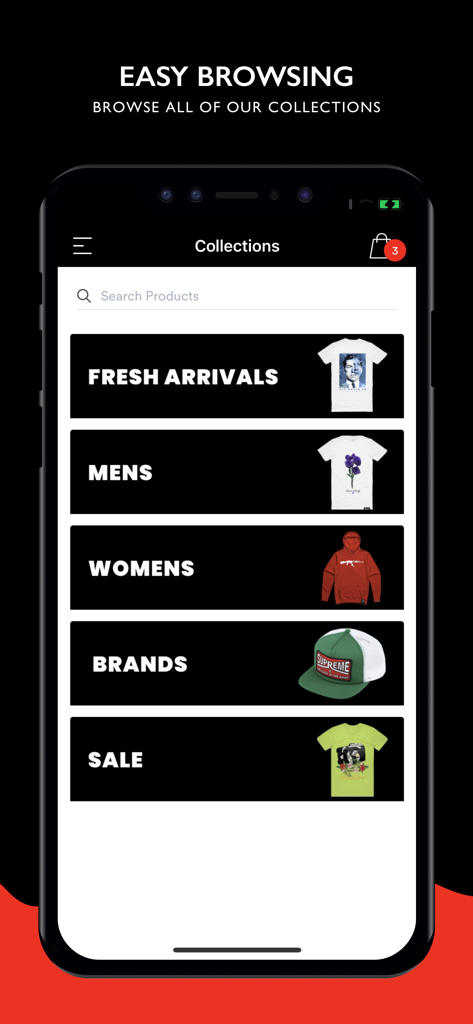 Streetwear Official - Streetwear Official mobile app screen showing shopping collections for fresh arrivals, mens, womens, brands, and sale