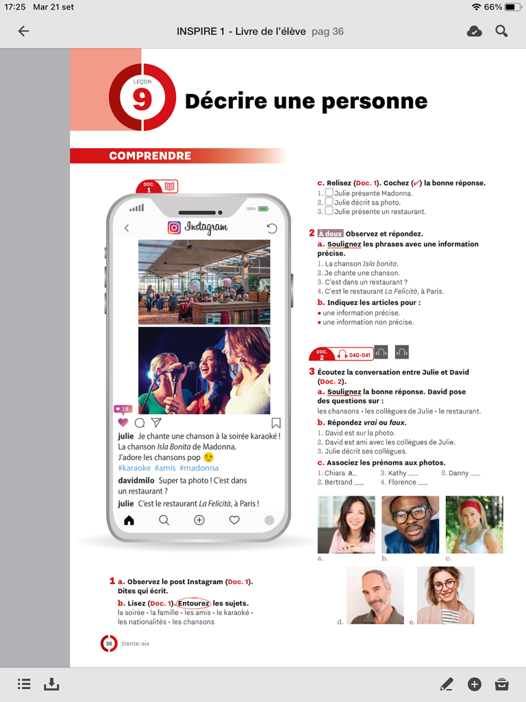 사람들을 묘사하기 위한 상호 작용형 연습이 포함된 Biblio HFLE 앱의 디지털 프랑스어 교과서 수업