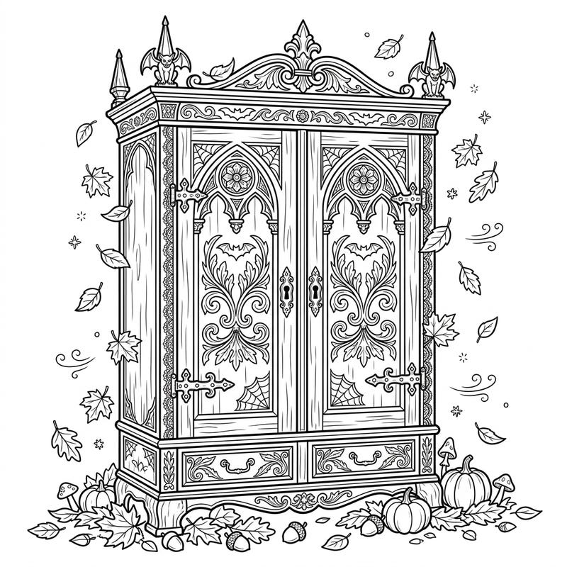 Discover a magnificent gothic wardrobe, exquisitely detailed and surrounded by the enchanting elements of autumn. This intricate design offers a unique coloring experience, blending dark elegance with seasonal charm.