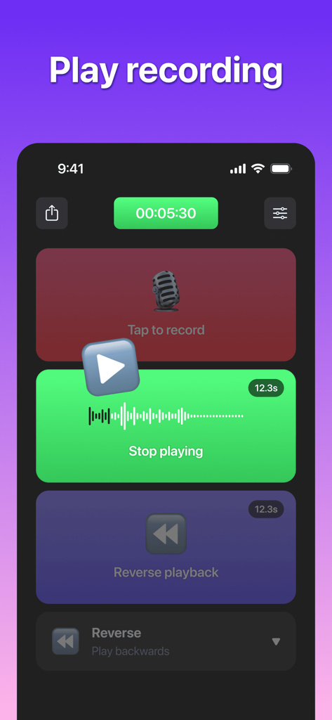 Interface of the Reverse Audio app showing recording playback and reverse options