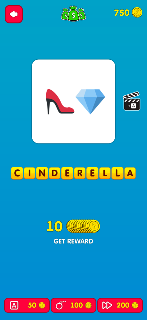 Schermata del gioco Indovina gli Emoji. Film che mostra il livello risolto di Cenerentola con emoji di scarpe e diamanti