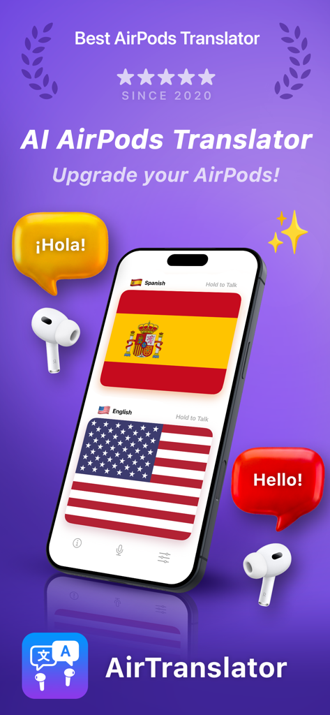 AirTranslator AirPod Translate - AirTranslator app interface on an iPhone showing Spanish and English translation for AirPods.