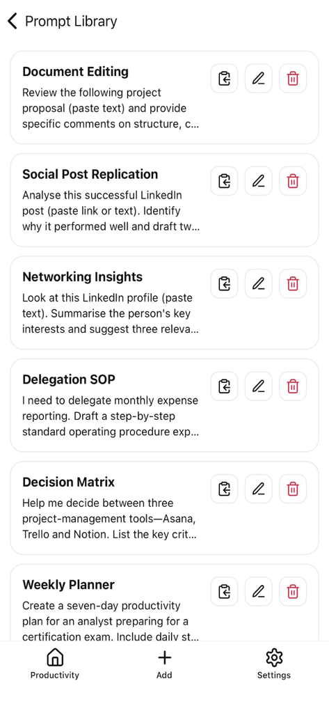 Prompt Engineering Library - Mobile app interface of Prompt Library showing a list of saved AI prompts for tasks like document editing and social post replication