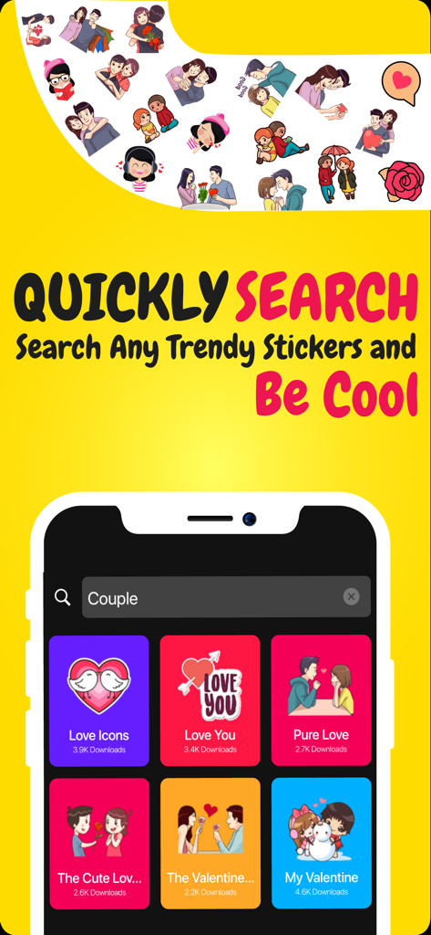 Interface of the AdultMoji app displaying a search for couple stickers with various romantic and love-themed sticker packs