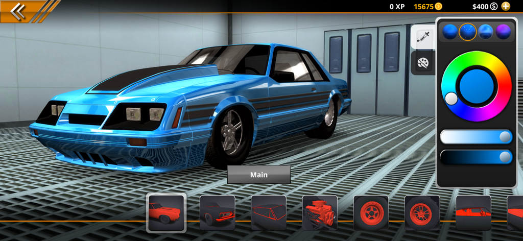 A blue car being customized with a color picker in No Limit Drag Racing 2