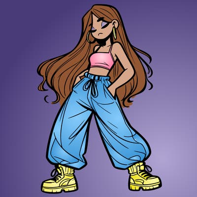 girl in baggy pants crop top and long hair