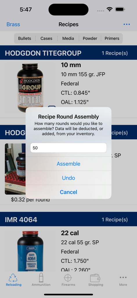 ReLOADeD (Ammo) - ReLOADeD app screen showing ammunition recipes and round assembly inventory tracking