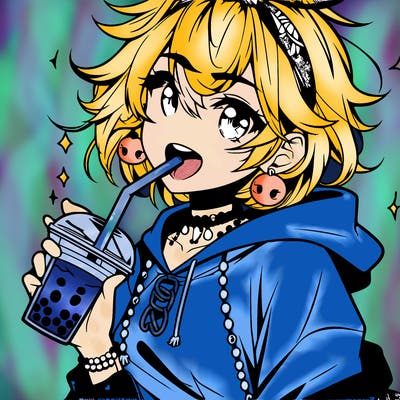 hot baddie anime girl drinking boba and biting the straw