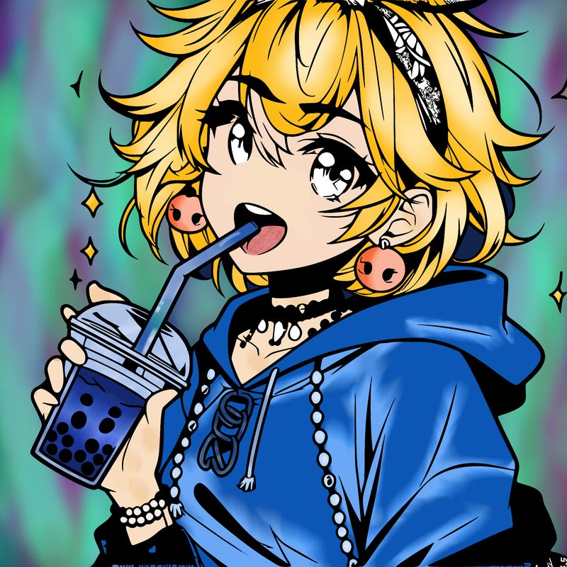 hot baddie anime girl drinking boba and biting the straw