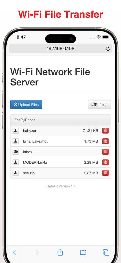 Unzip Pro app interface displaying the Wi-Fi file transfer feature for wireless sharing