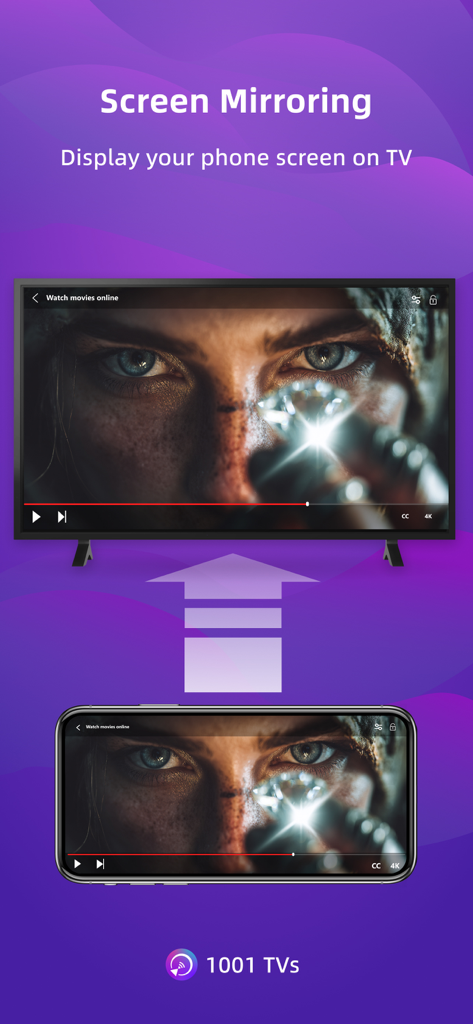 A smartphone screen being mirrored onto a large smart TV display showing a movie